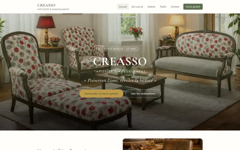 L’accueil du site Creasso, tapissière d’ameublement