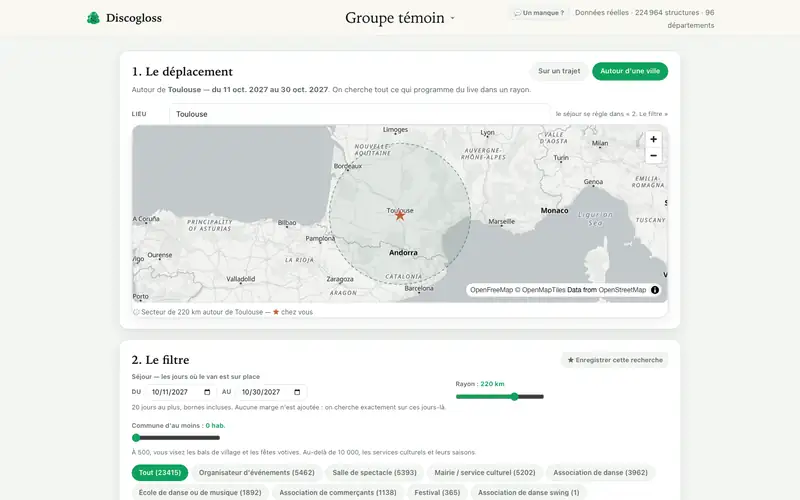Discogloss : le secteur de recherche de 220 km autour de Toulouse, sur la carte