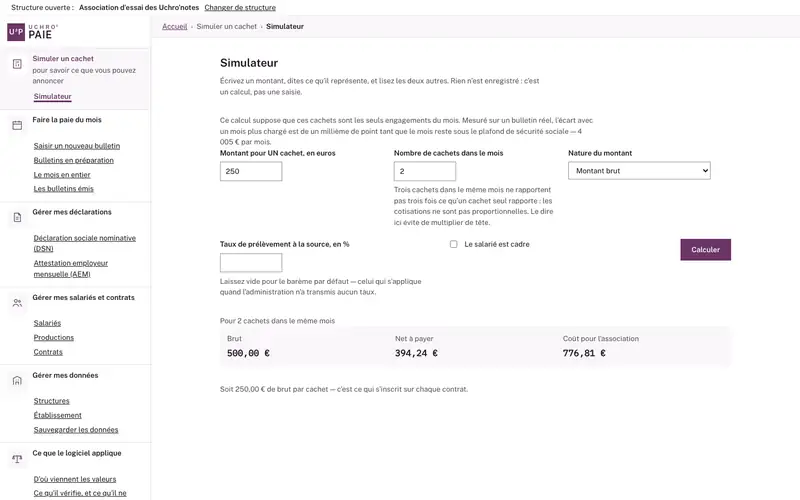 Le simulateur d’Uchro’Paie : brut, net à payer et coût pour l’association
