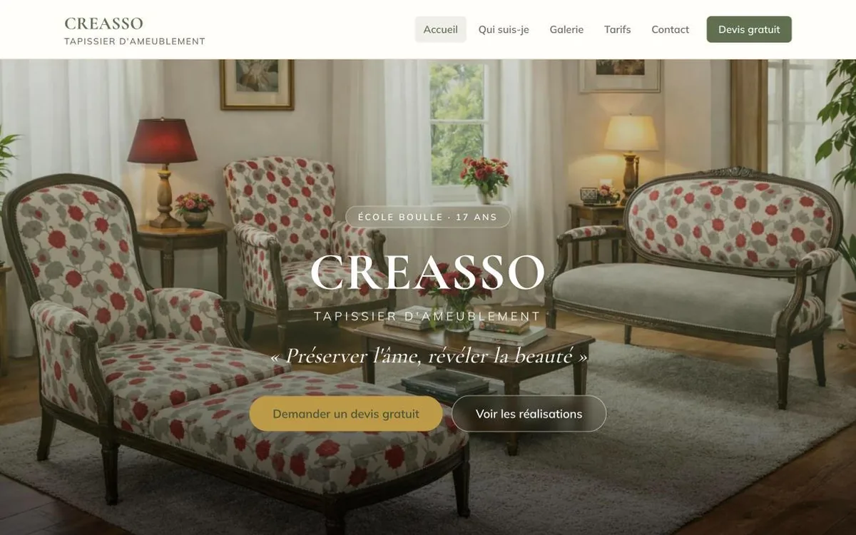Le site de Creasso, tapissière d'ameublement